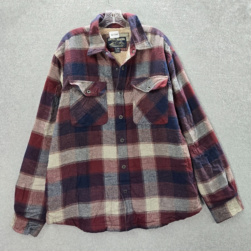 Grizzly Men Button Up Shirt XL Red Plaid Flannel Sherpa Fleece Snap Button